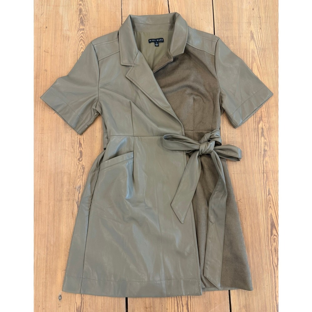 Miou Muse Taupe Faux Leather Wrap Dress Pockets Large